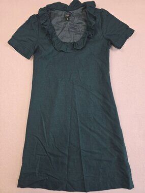 J Crew Wool Blend Dress Dark Green Ruffled Neck Short Sleeve Cocktail Size 00
